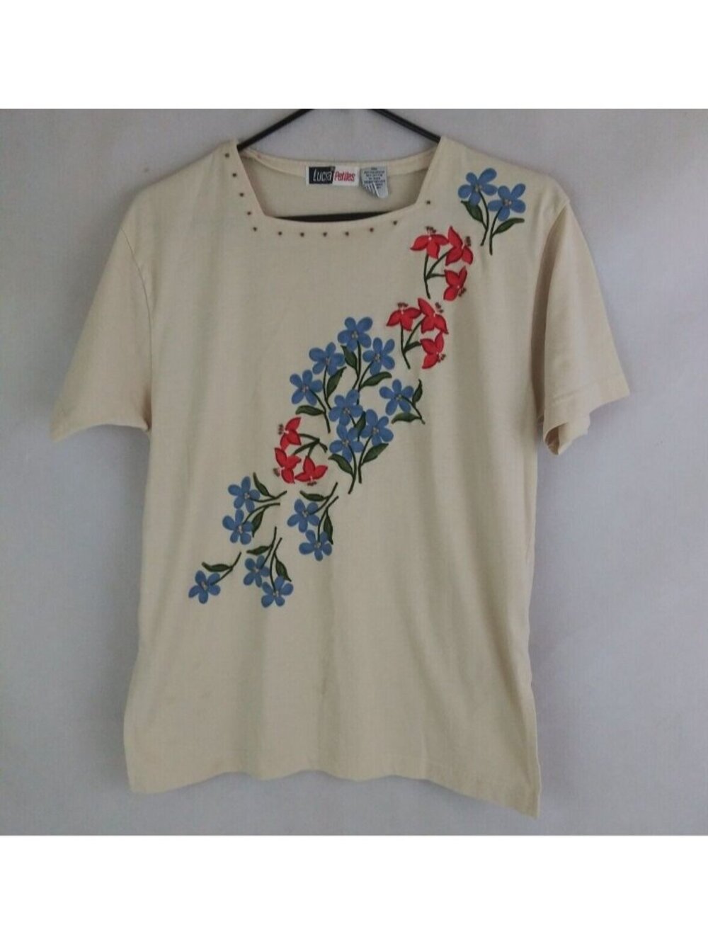 Lucia Petites Women's Square Neck Beaded Floral Embroidered Shirt Size PM